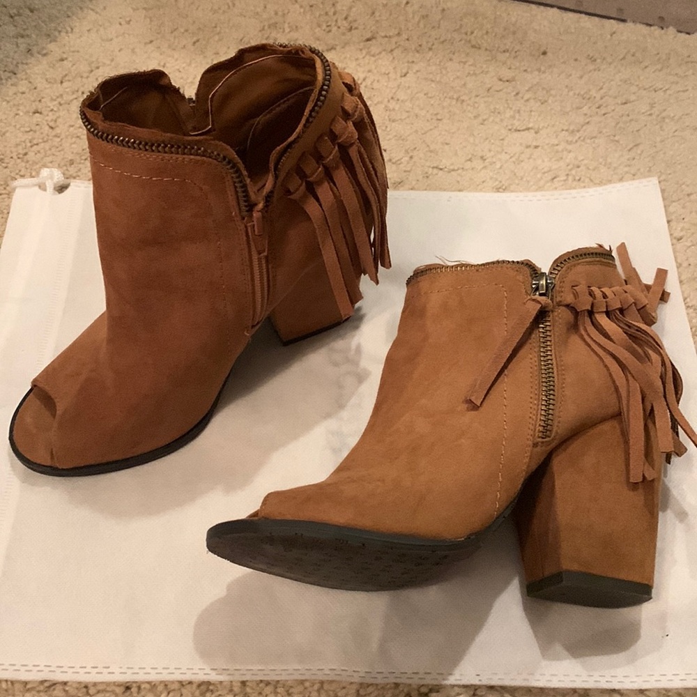 Suede fringe peep toe boots